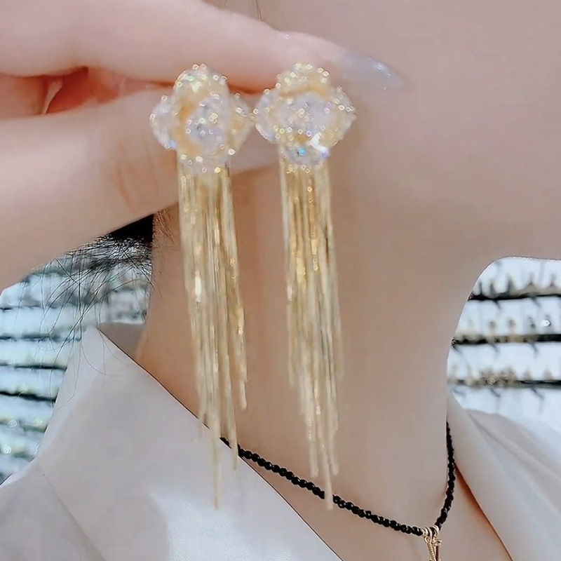 鑲鑽四葉花流蘇耳環