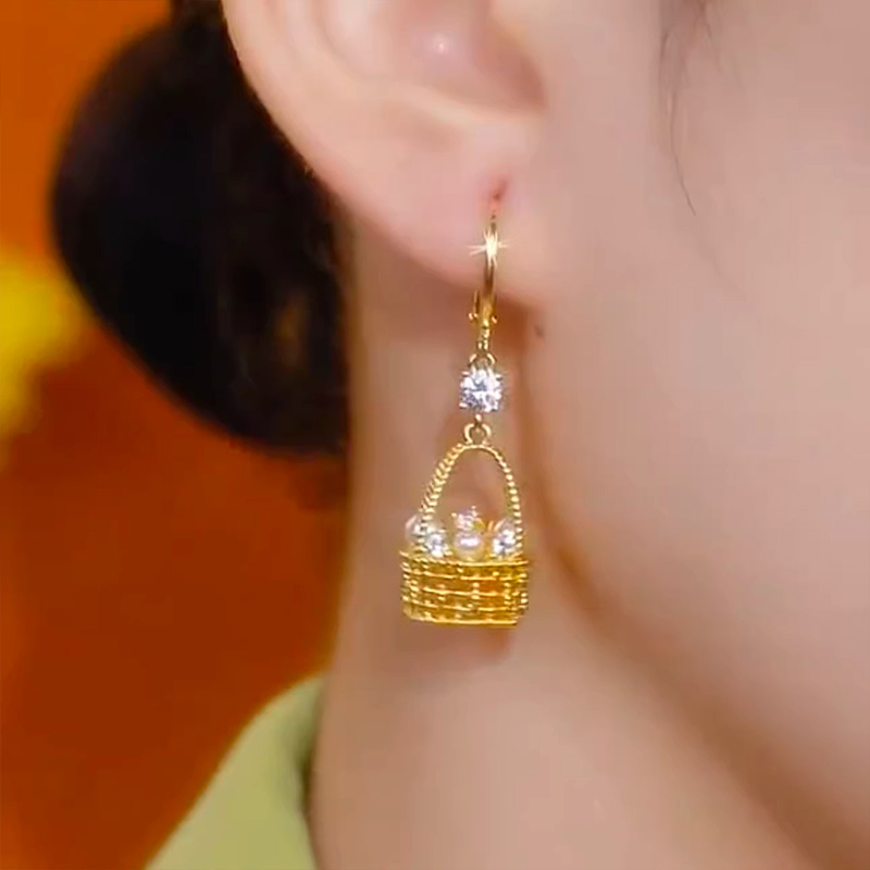 手工編織花籃珍珠耳環