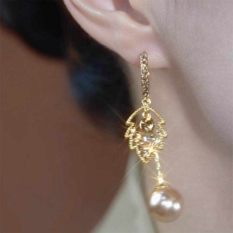 法式咖色滿鑽樹葉珍珠耳環