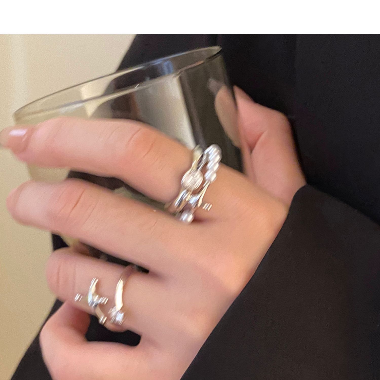 珍珠帶鑽流星戒指兩件套