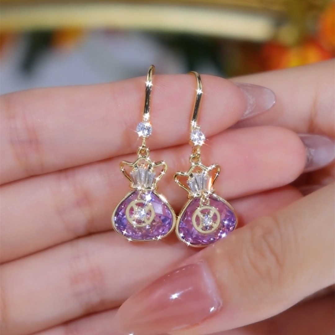 紫色招財錢袋耳環