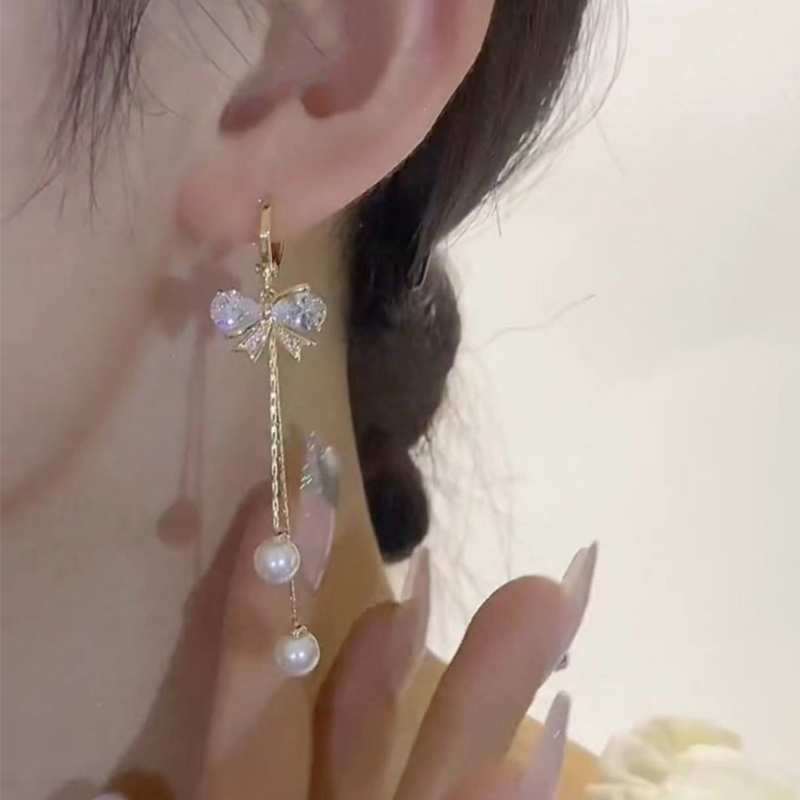 蝴蝶結珍珠流蘇耳環