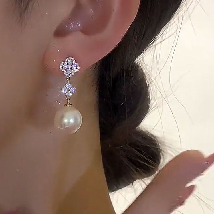 滿鑽四葉花珍珠耳環