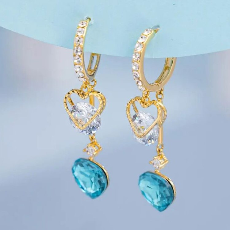 藍色水晶愛心流蘇耳環