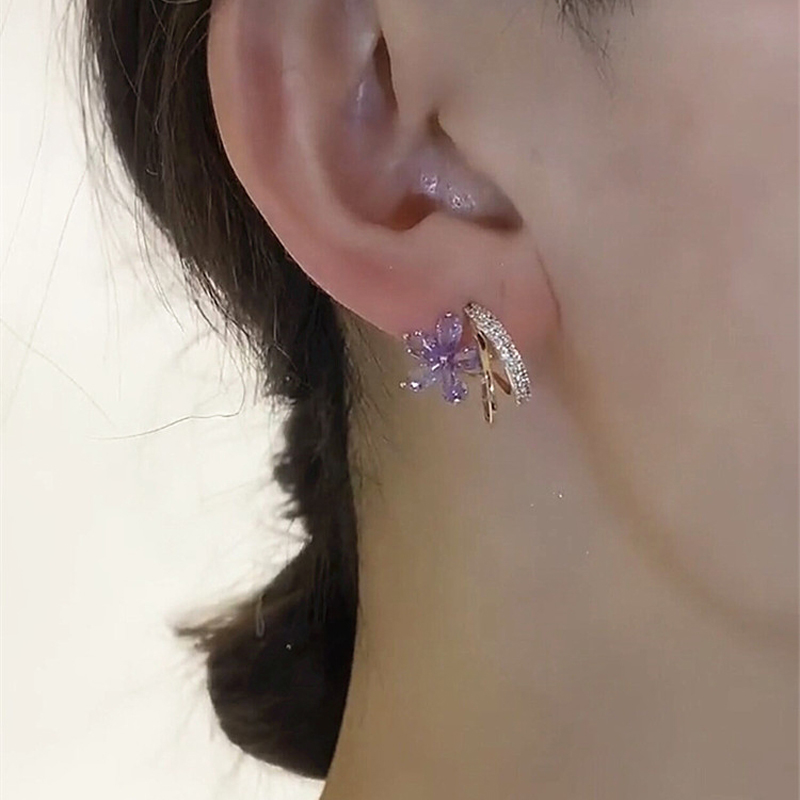 紫色鋯石花朵耳環  