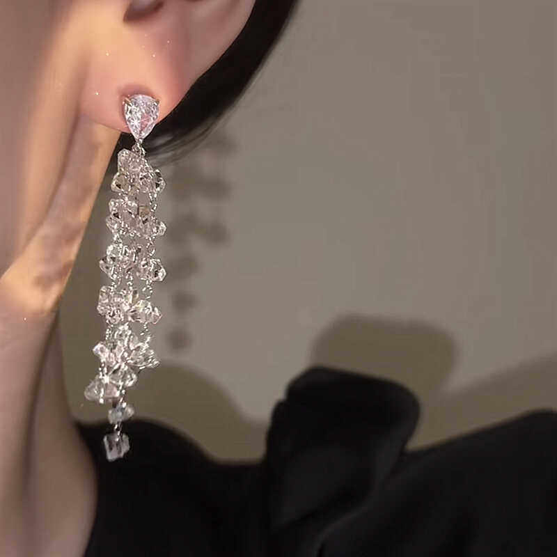S925銀針長款鑲鑽水晶流蘇耳環