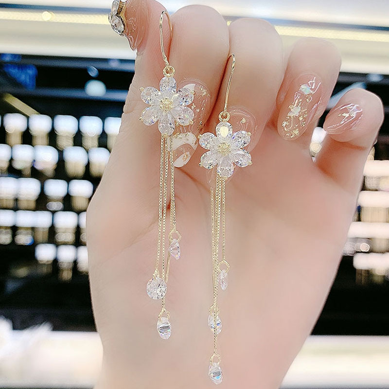 水晶花朵流蘇耳環
