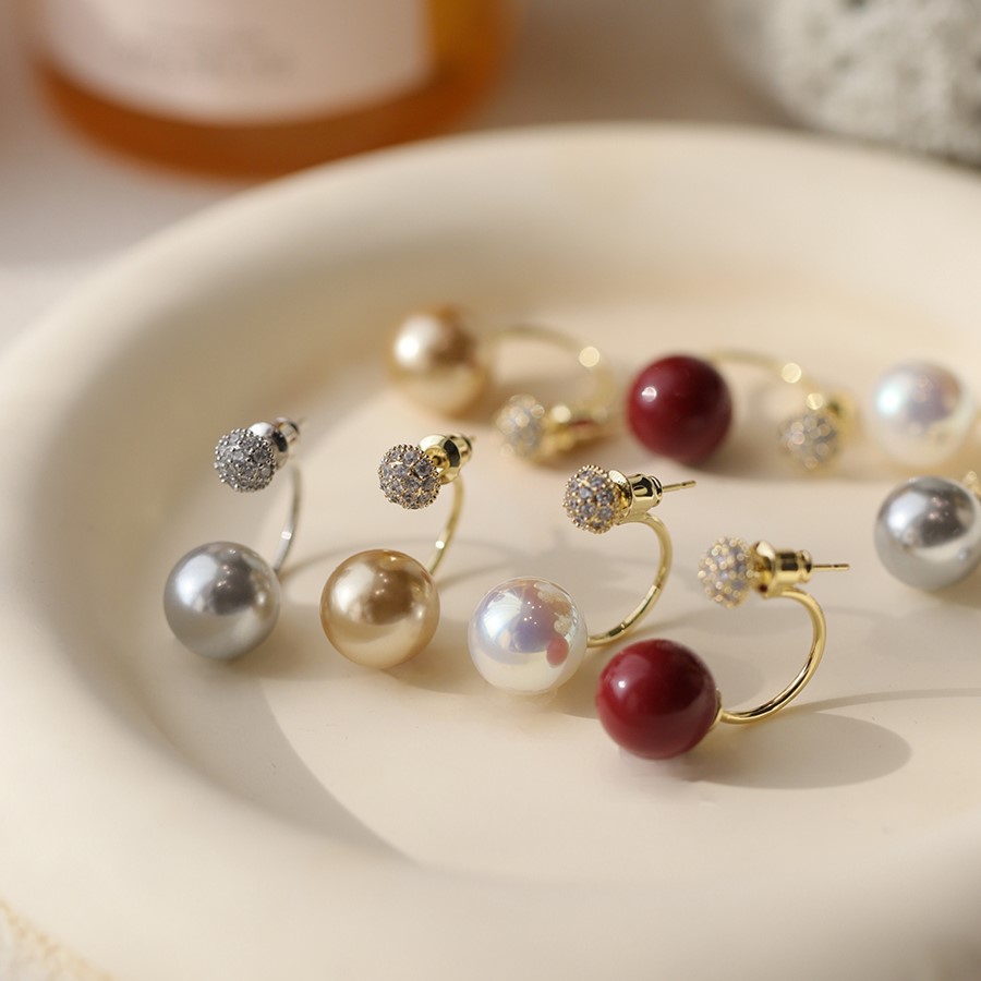 法式氣質鋯石紅色珍珠耳環