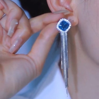 藍鑽銀色長流蘇耳環