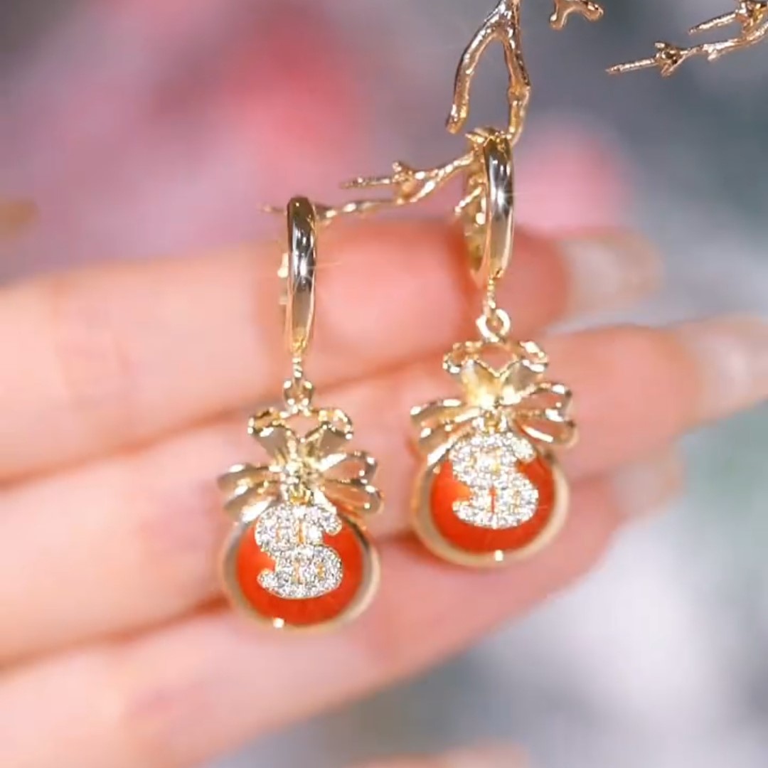 新年紅色招財錢袋耳環