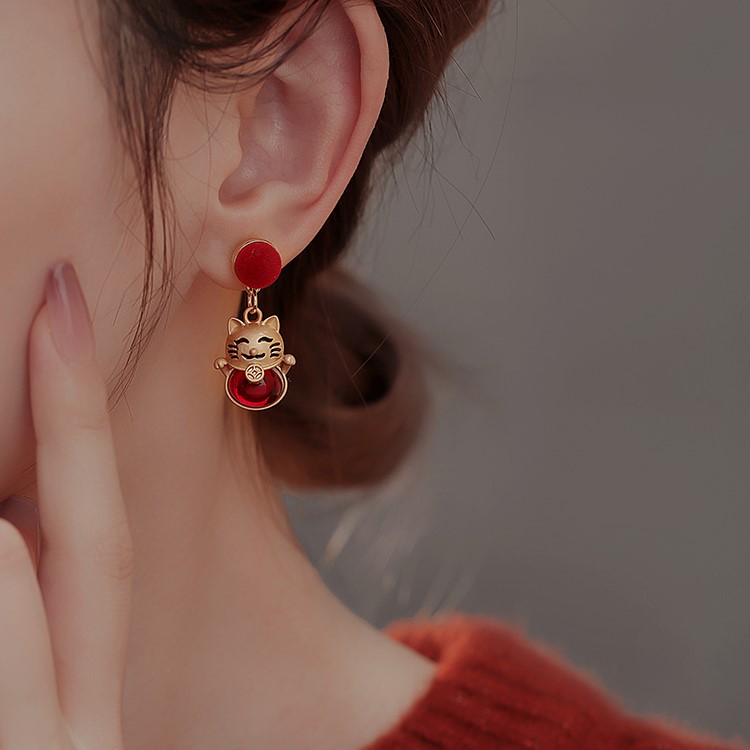 紅色發財貓耳環