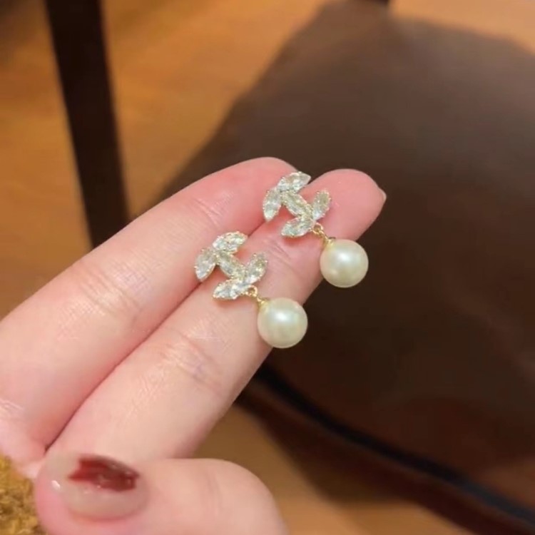 小雙C形鋯石珍珠耳環