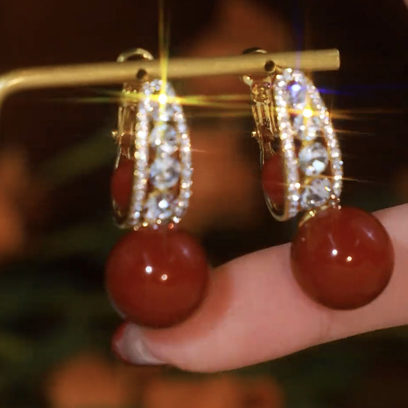 鋯石紅色珍珠氣質 一款兩戴耳環