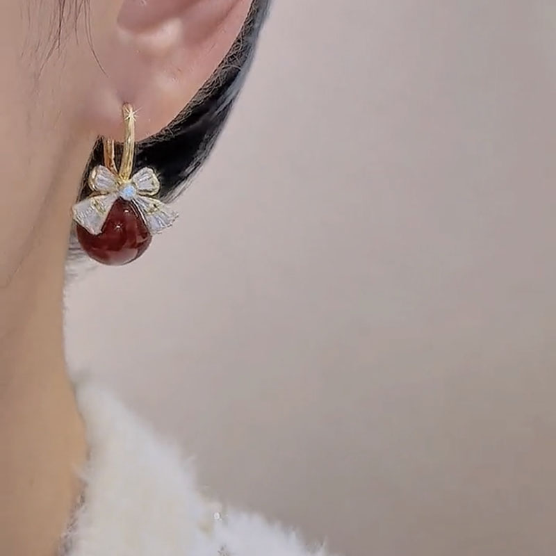 紅色珍珠鋯石蝴蝶結耳環