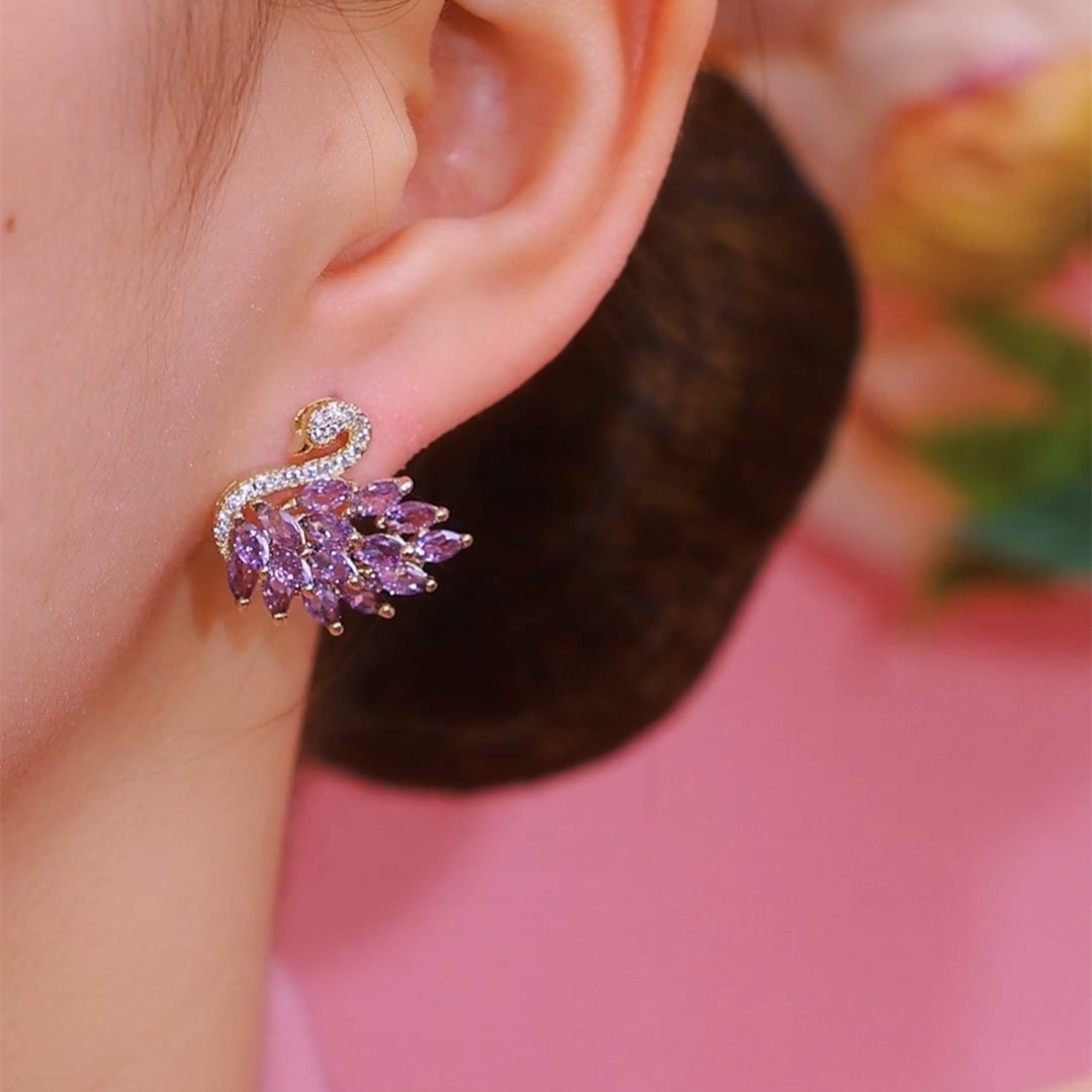 紫色鑽石優雅天鵝耳環