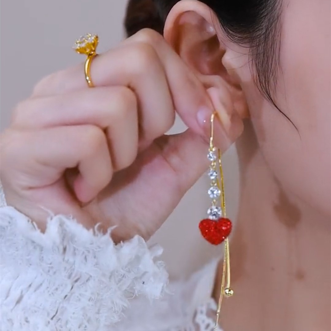 滿鑽紅色愛心流蘇耳線