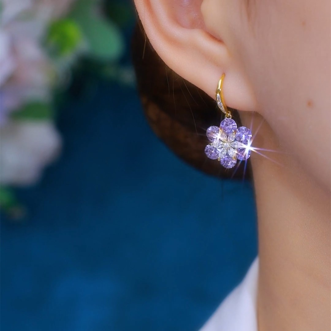 紫色鋯石設計感小花耳環