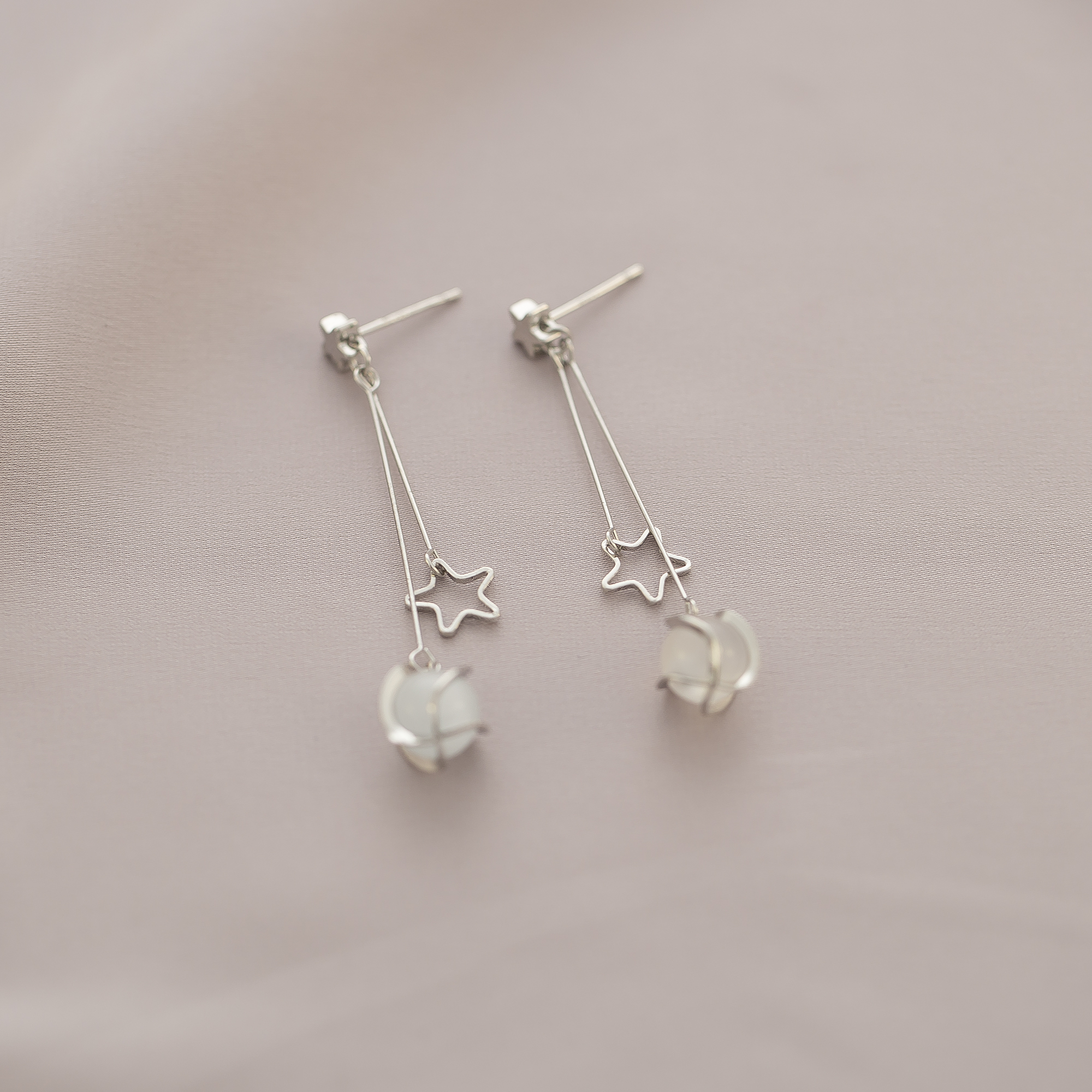 長款星星貓眼石夾式耳環