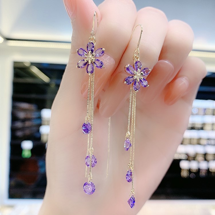 紫色水晶花朵耳線耳環