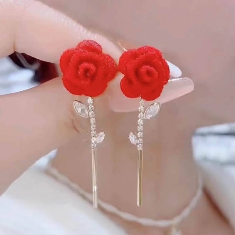 浪漫紅色玫瑰花耳環