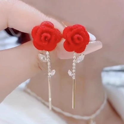 浪漫紅色玫瑰花耳環
