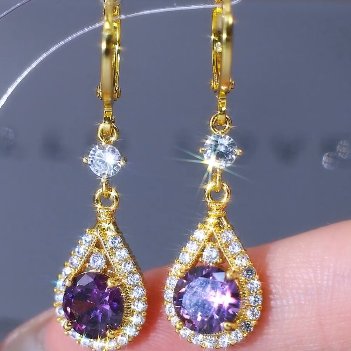 紫色水晶水滴耳環