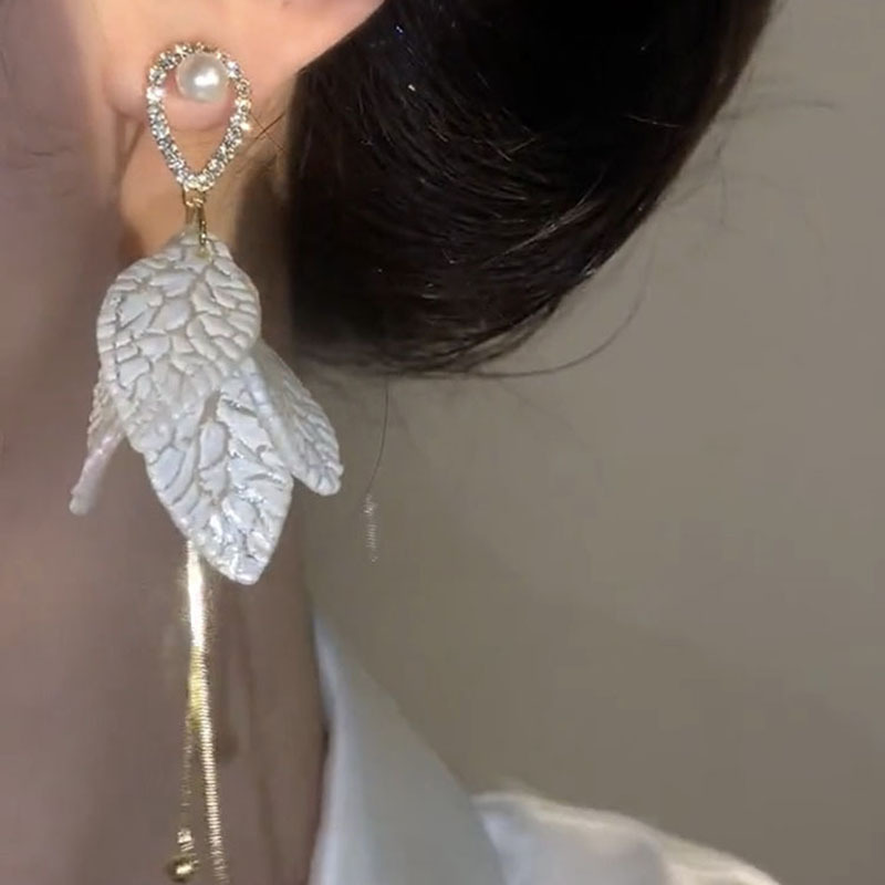 長款葉子珍珠流蘇耳環