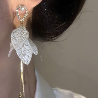 長款葉子珍珠流蘇耳環