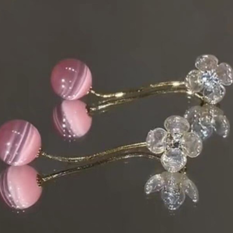 粉色貓眼石花朵耳環