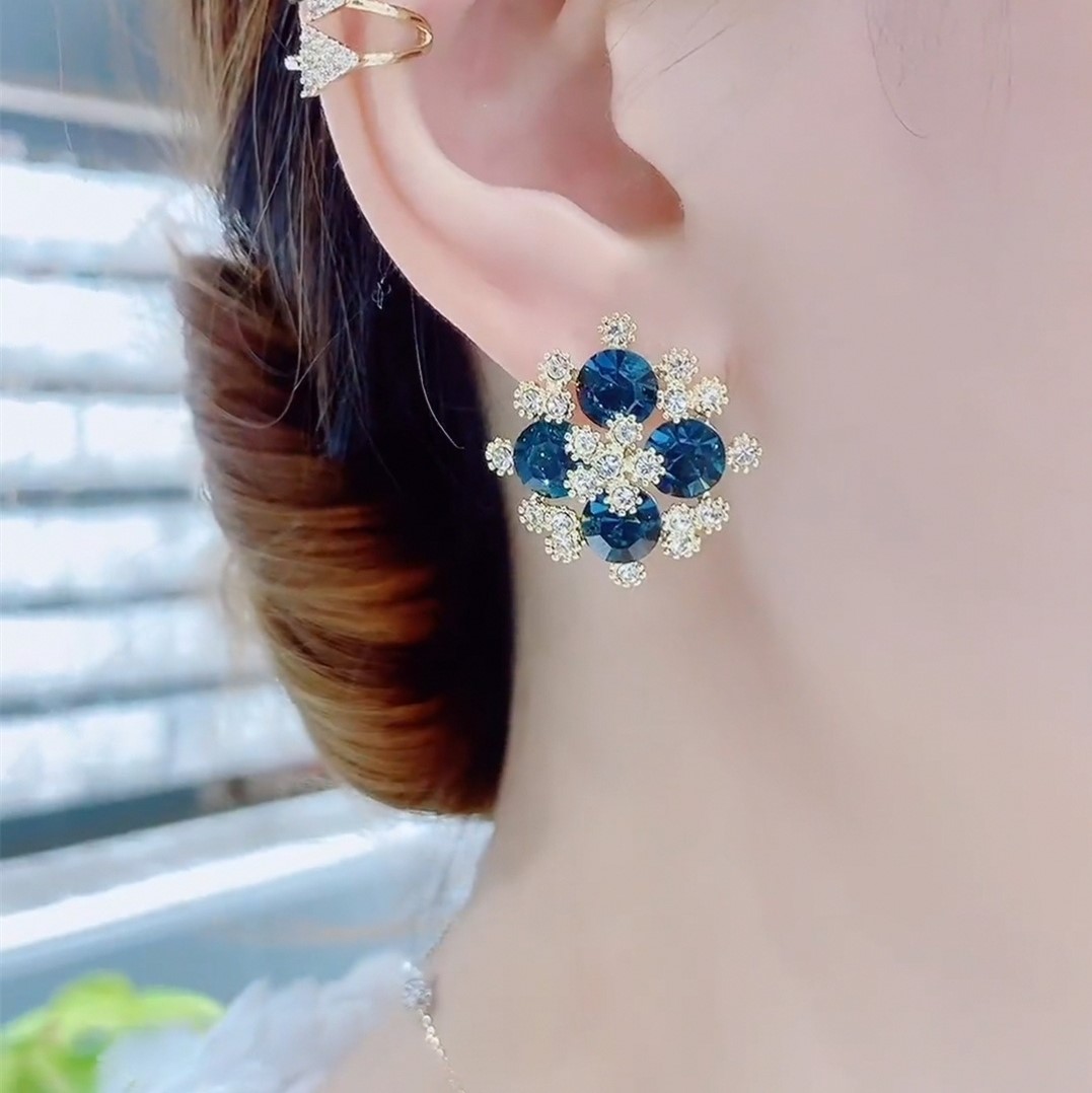 深藍色四葉花雪花耳環