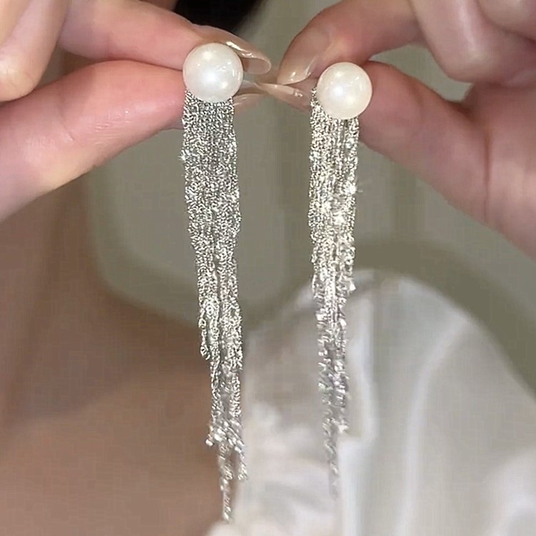 長款珍珠流蘇耳環