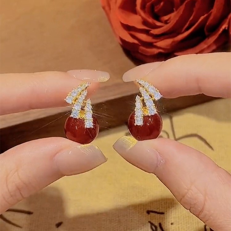 氣質簡約紅色珍珠耳環