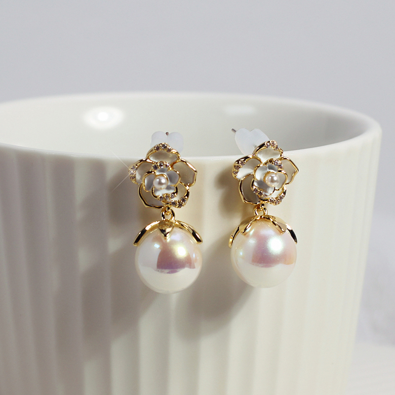 山茶花珍珠蚊香盤耳環