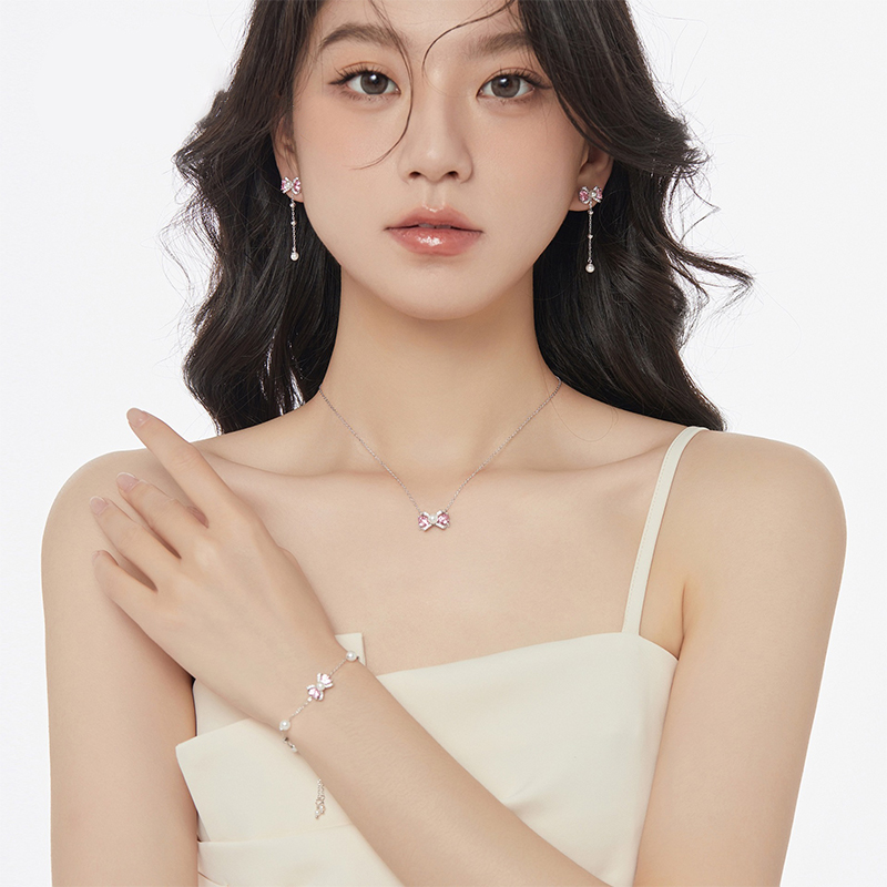 【沫緹甄選】925純銀粉鑽少女珍珠蝴蝶結耳釘輕奢高級感耳飾