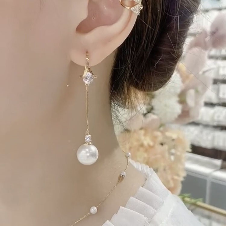 氣質鋯石長款珍珠流蘇耳環