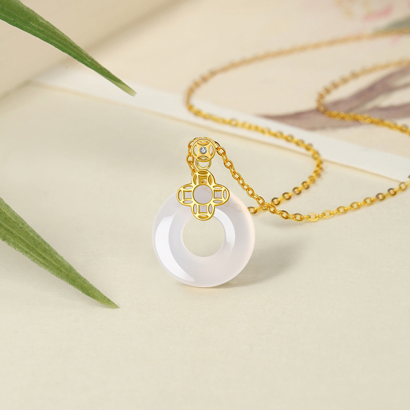 【沫緹甄選】四葉草純銀玉髓項錬國潮銅錢福氣鎖骨錬平安扣吊墜