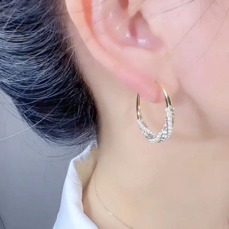 珍珠鋯石麻花圈圈耳環