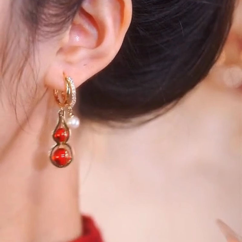 輕奢貓眼石紅色葫蘆耳環