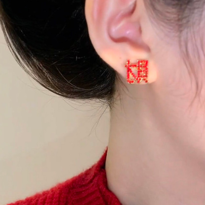 不對稱發財紅色耳環