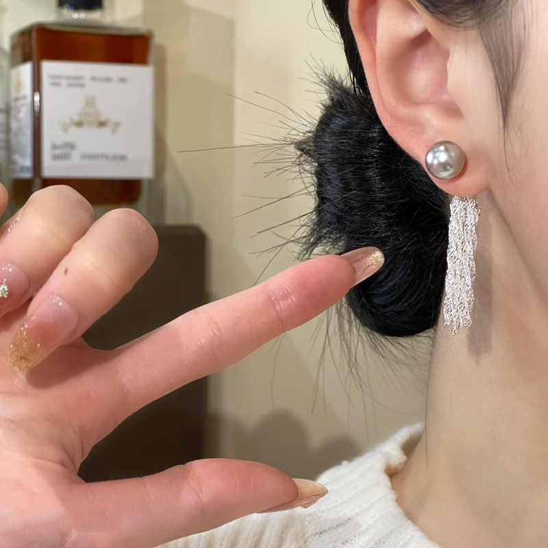 S925銀針銀色瀑布灰珍珠耳環