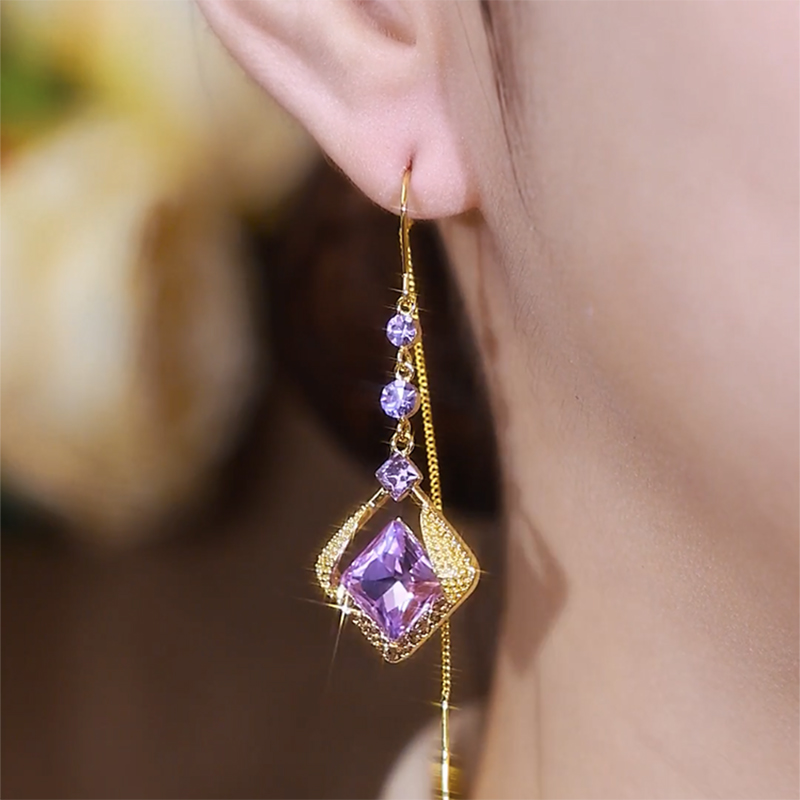 高級紫色鋯石菱形耳環