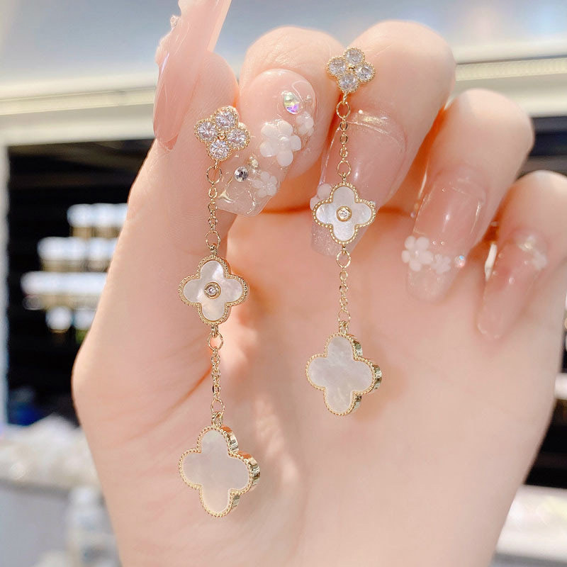 紫色&白色花朵閃鑽流蘇耳環-FANYIACC