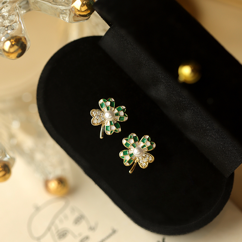簡約綠色四葉草耳釘小清新幸運草耳環