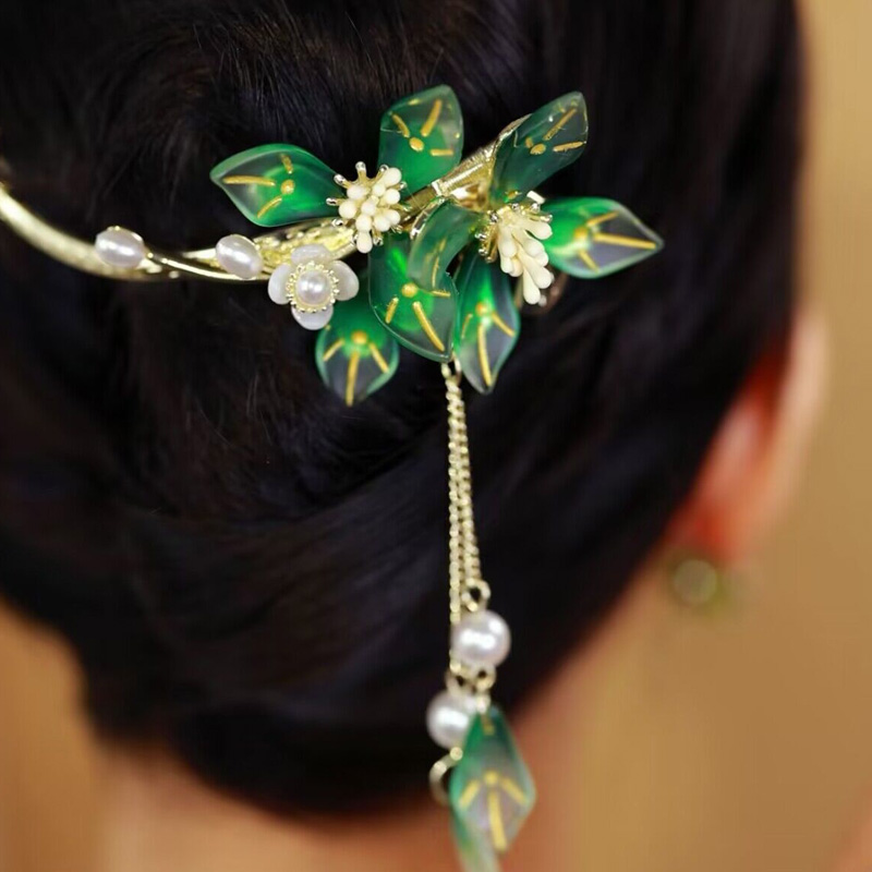 復古綠氣質花朵時尚一字夾髮夾