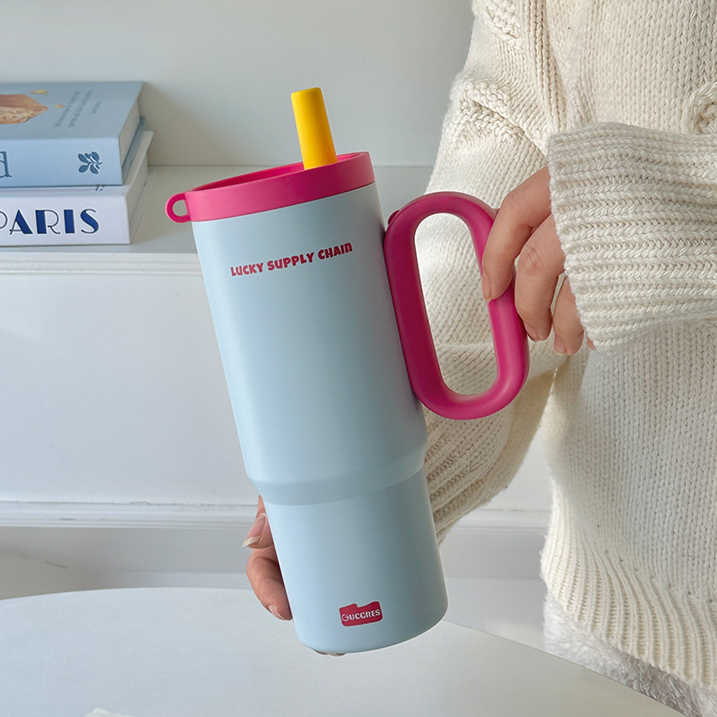 大容量把手冰霸杯 不鏽鋼吸管杯