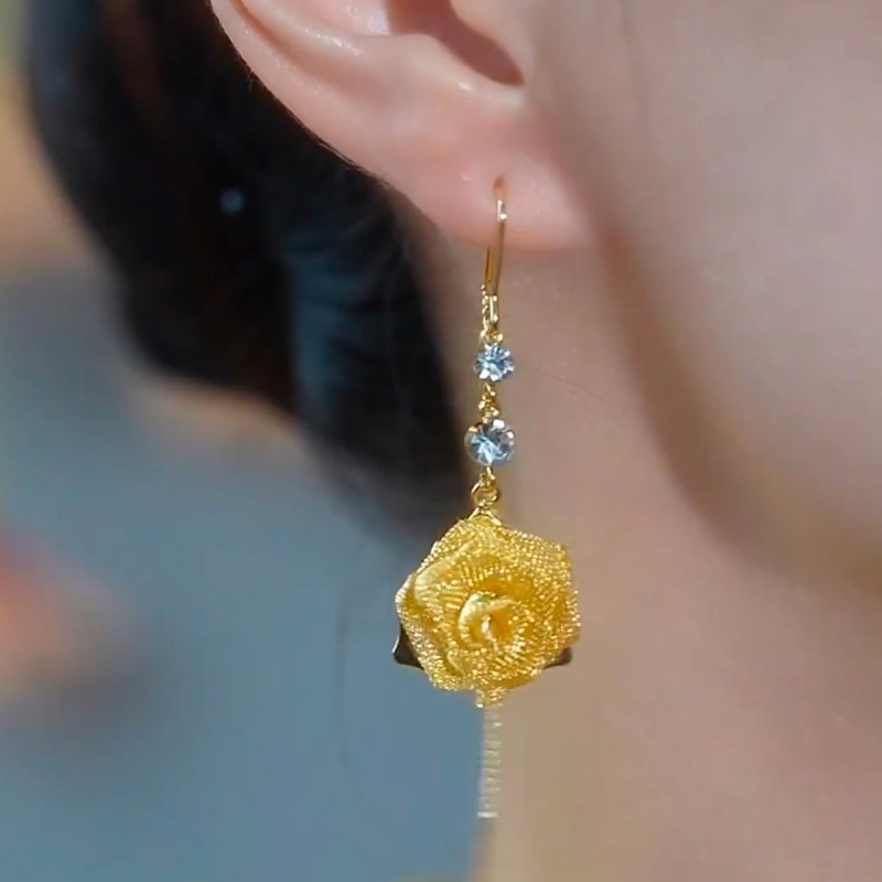 黃色山茶花流蘇耳環