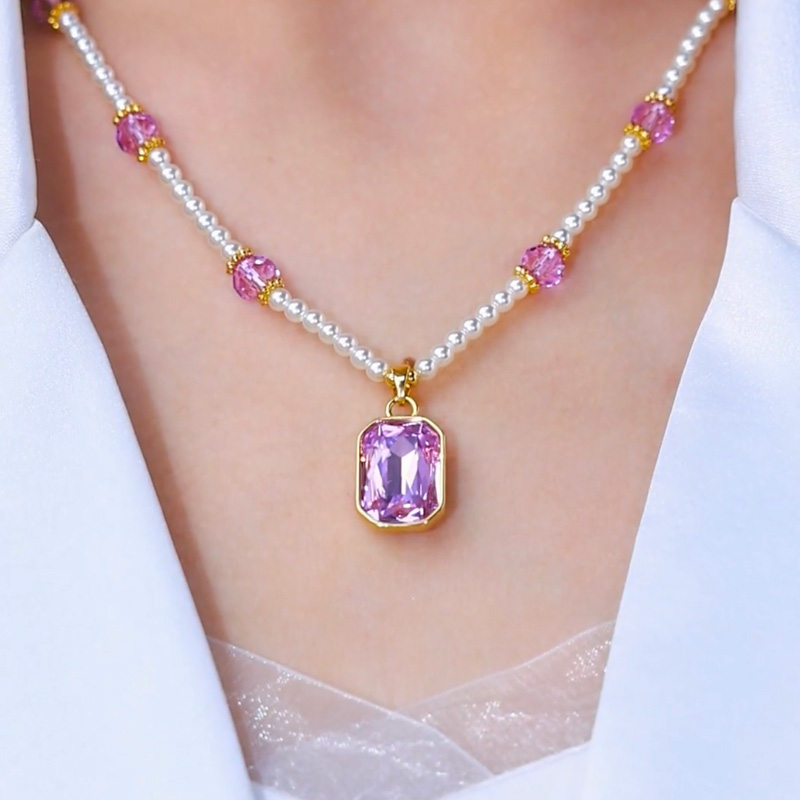 紫色方形水晶吊墜項鍊