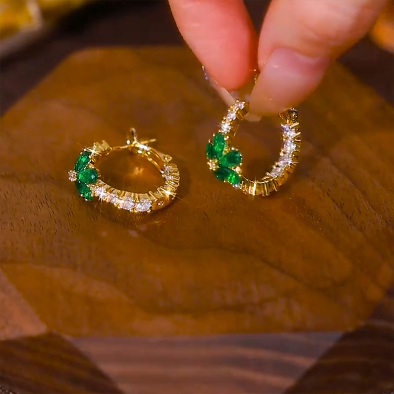 高級感滿鑽綠花朵耳環