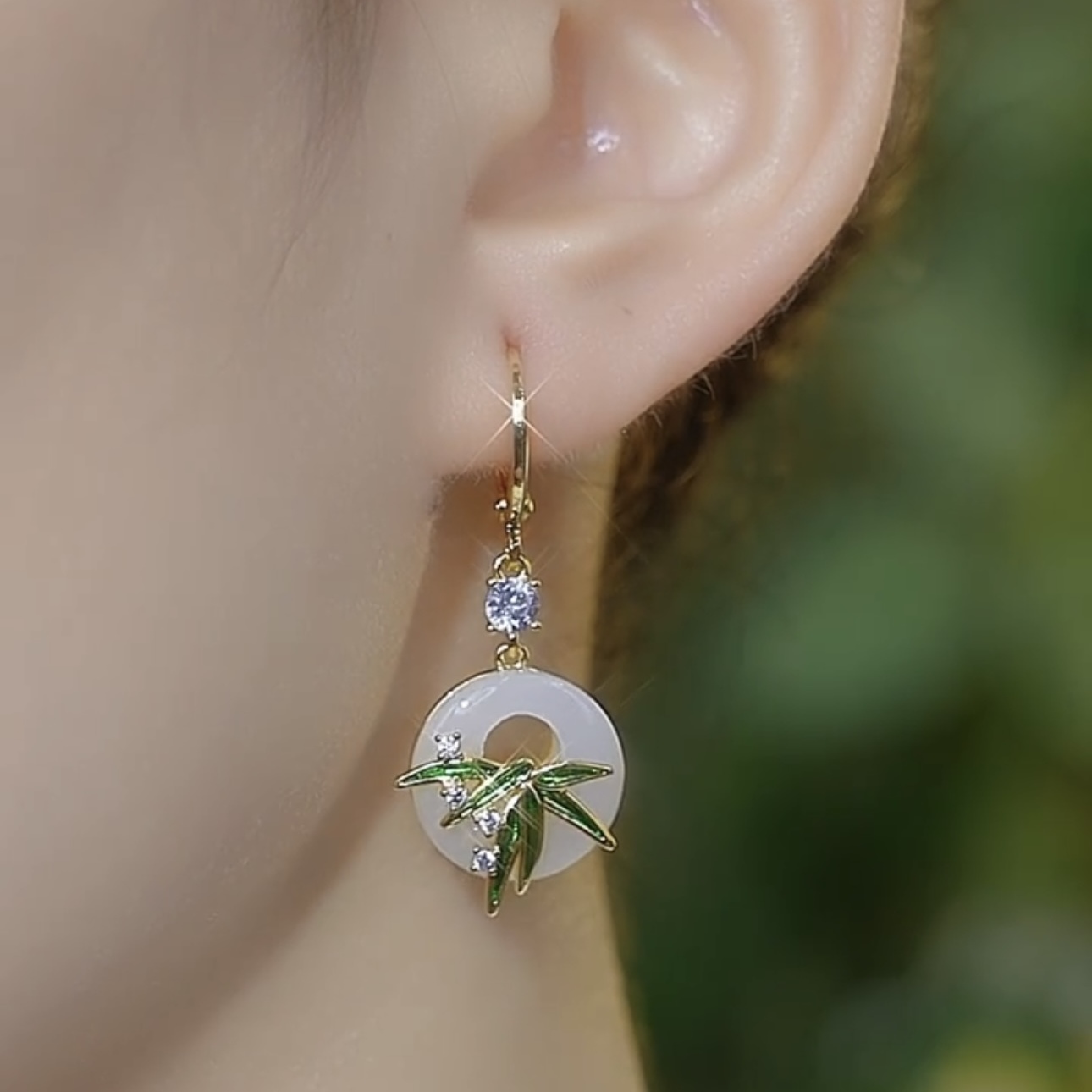 中式綠色翠竹 平安扣竹節耳環