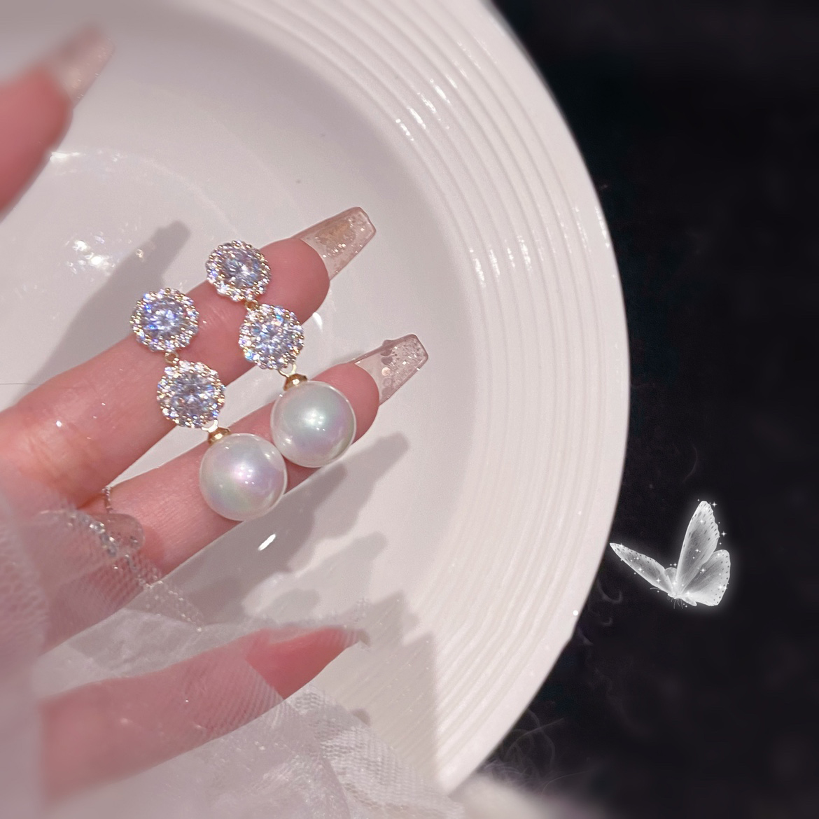 氣質珍珠閃鑽流蘇耳環   